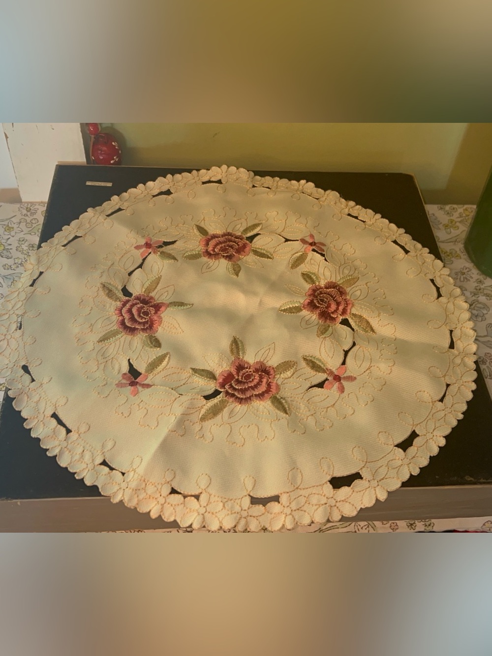 Embroidered 14in Rose Bouquet Doilies x2 with Matching 33in Table Runner